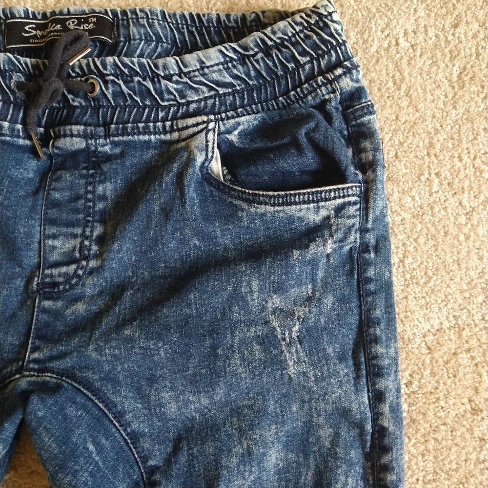 Smoke Rise Jeans Men'38x30 Slim Tapered Fit Distressed Blue Elastic Waist Ham‎
